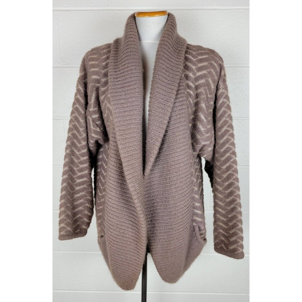 Vtg 80s Sideffects Mohair‎ Blend Herringbone Oversize Open Sweater Jacket S